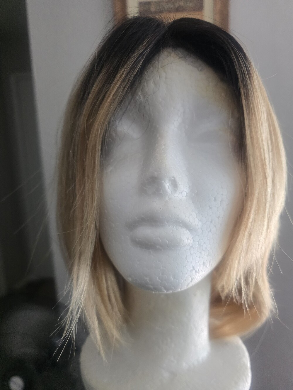 Womens Asymetrical Blunt Cut HUMAN HAIR Wig Blonde w Dark Roots Preowned EUC